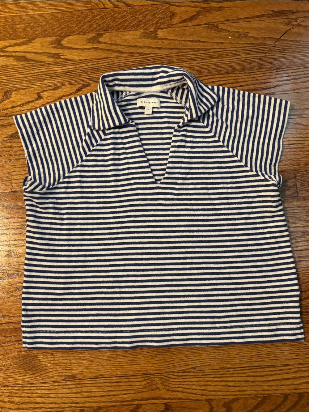 Free Assembly Women’s Navy White Striped Terry Cloth Short Sleeve Polo Top